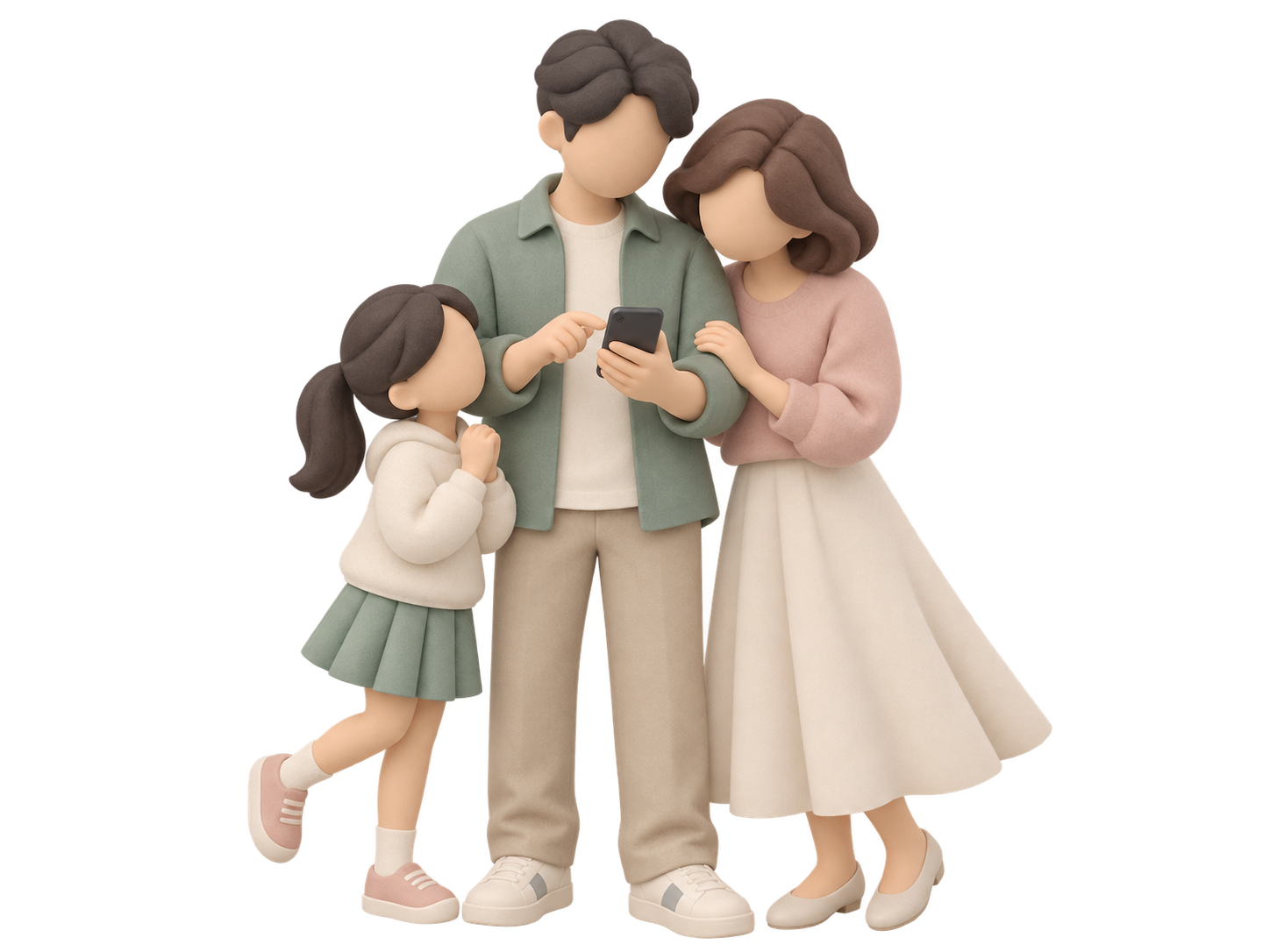 あなたとパートナーと子どもが一緒にスマートフォンを見る立体イラスト